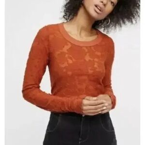 We The Free Lace Bella Baby Tee Burnt Orange Long Sleeve Top